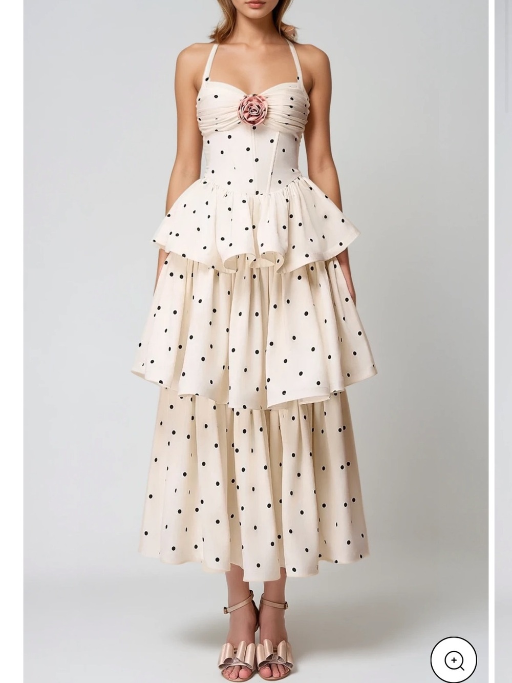 INNOVARE DENIM Elegant Cream Polka Dot Tiered Sundress with Rosette